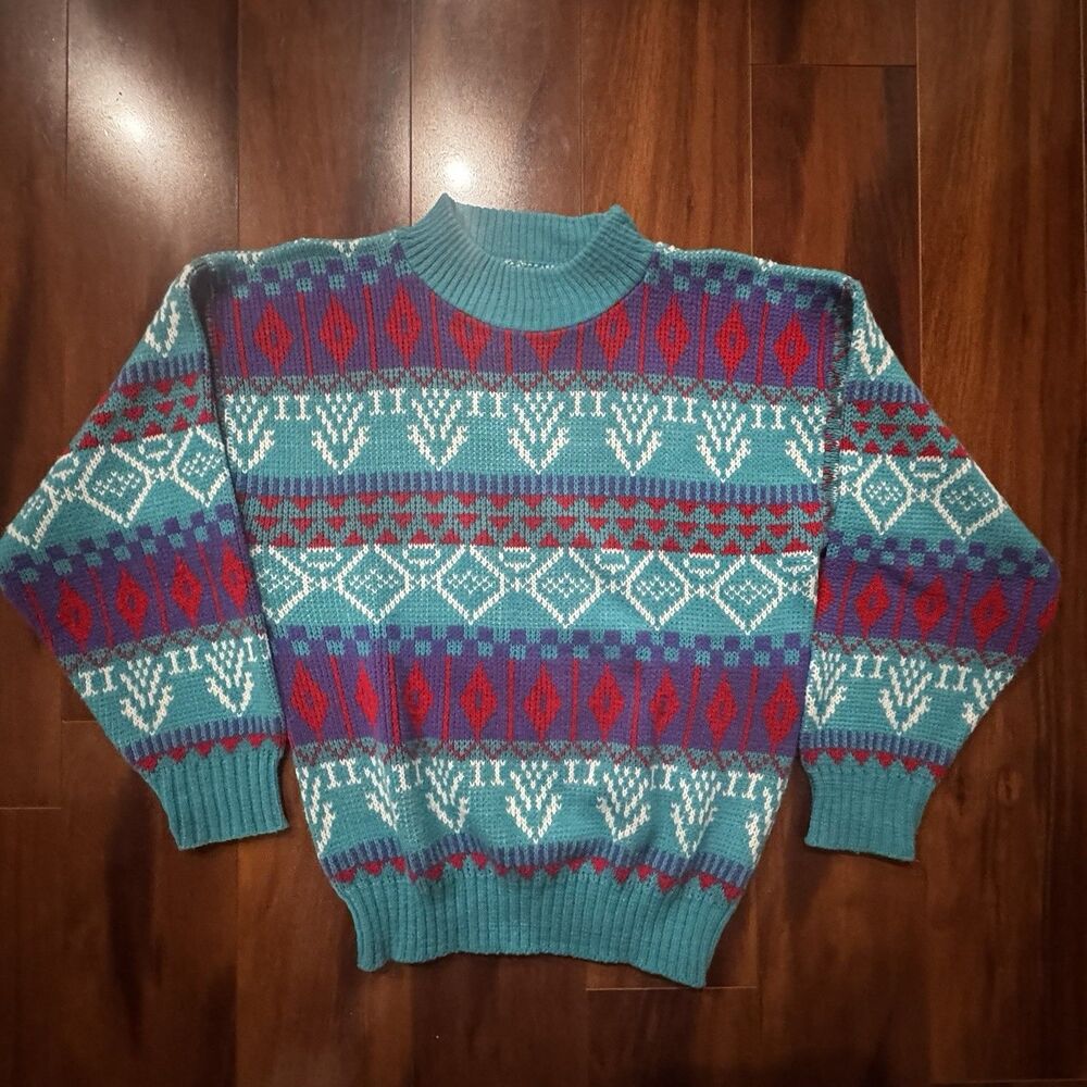 Vintage Burlington USA Southwestern Knit Sweater Teal Red 90s Mens S